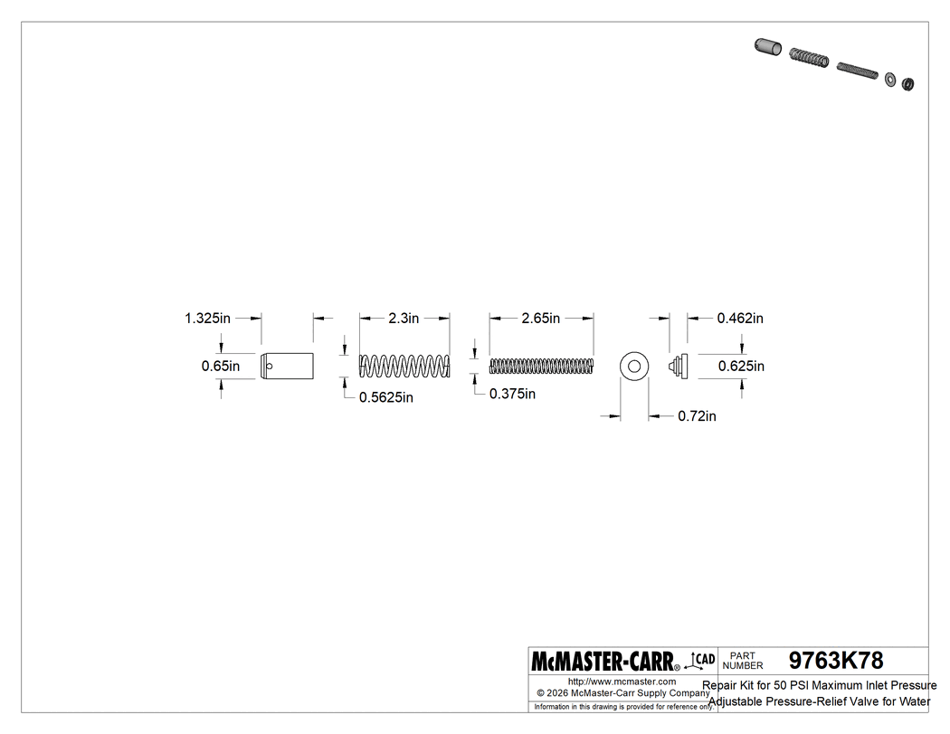 Technical Drawing of Repair Kit for 50 PSI Maximum Inlet Pressure Adjustable Pressure-Relief Valve for Water.